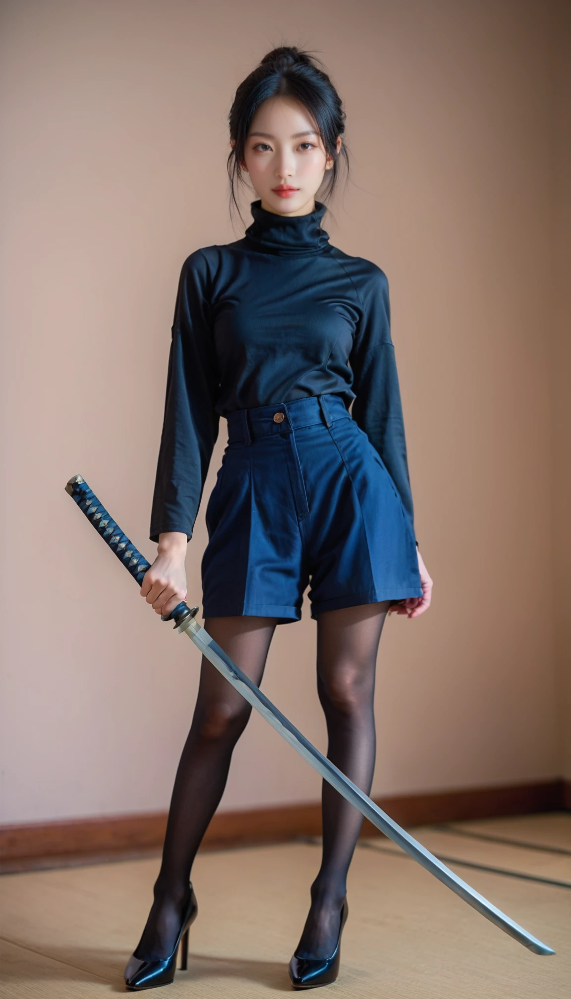 1girl, pantyhose, high heels, black hair, wearing shorts, Turtleneck,   stand,  realistic, photorealistic, simple background, Shag haircut,   masterpiece, best quality, 8k, score_9, score_8_up, score_7_up
(holding katana, katana),  blur background, 
<lora:katana-2:1>