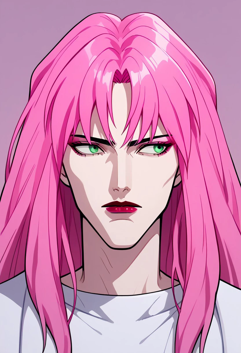 Rusty Nail MV,  solo,  long hair,  bangs,  1boy,  closed mouth, bishounen, green eyes,  pink hair,  male focus,  looking to the side,  makeup,  lipstick,  portrait, ,  1990s (style), source_anime, 2d, flat color, anime coloring BREAK ,score_9, score_8_up, score_7_up, score_6_up, score_5_up, score_4_up,