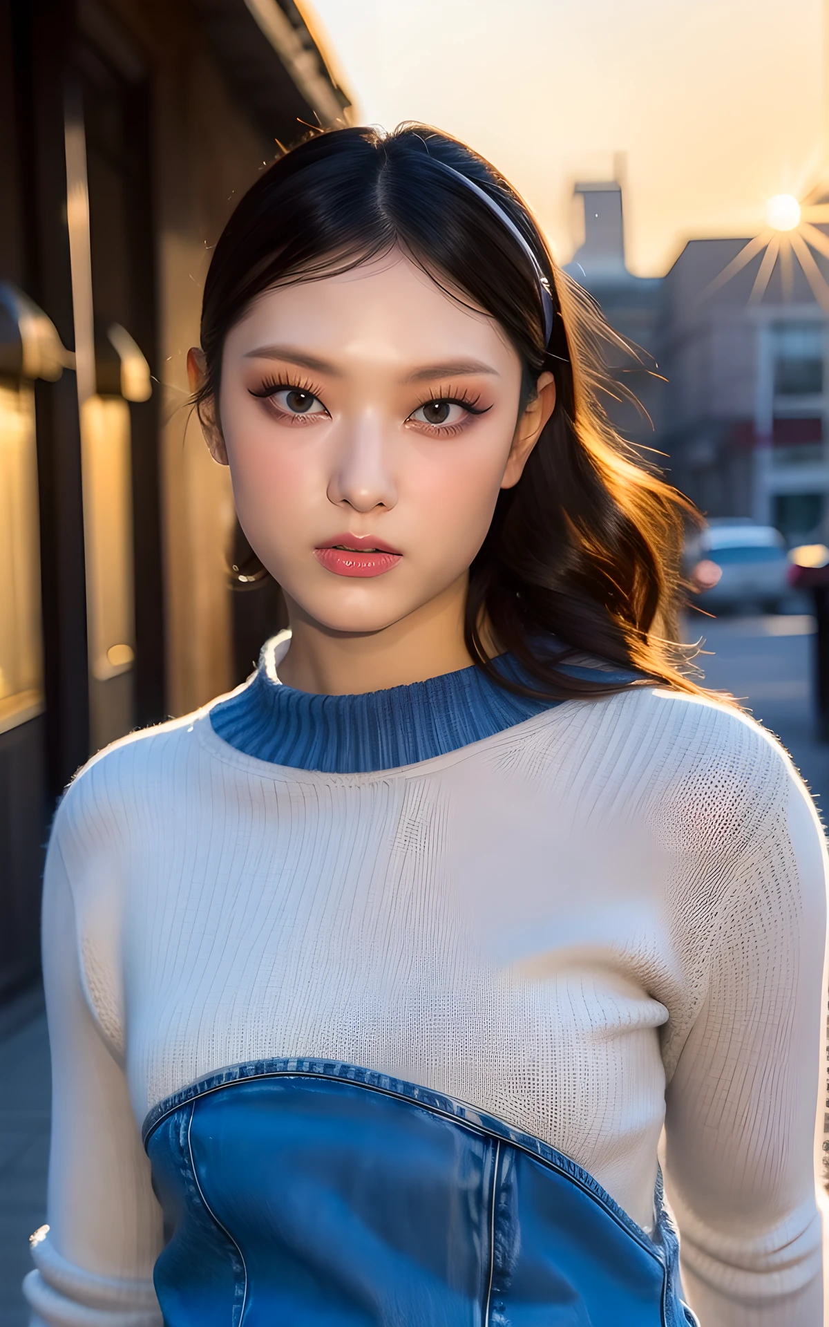 <lora:Haerin_V2:1> Haerin_V2,  , (fullbody:1.2),  (realistic), (hyperrealism), (photorealistic:1.4), 1girl,  looking at the viewer, eye makeup, detailed eyes, detailed face, (upper body:1.2), detailed background, walking at the streets, sunset, (windy:1.2)  z1pp3rsw3at3r,, sleeves past wrists, zipper sweater, Denim jeans   <lora:zoom_slider_v1:2>