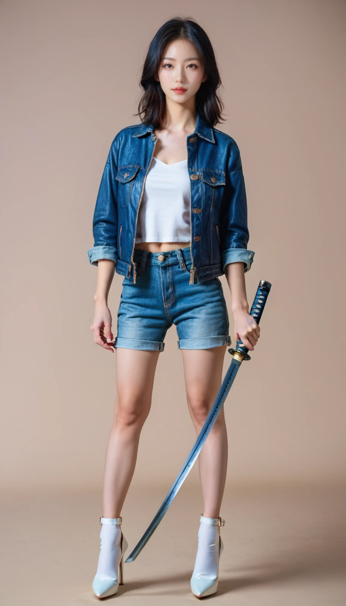 1girl, (katana, holding katana), black hair,  bare legs, denim jacket, jeans shorts,   stand, realistic, photorealistic, simple background,  full body, high heels,  masterpiece, best quality, 8k, score_9, score_8_up, score_7_up, white background, 
<lora:katana-2:1>