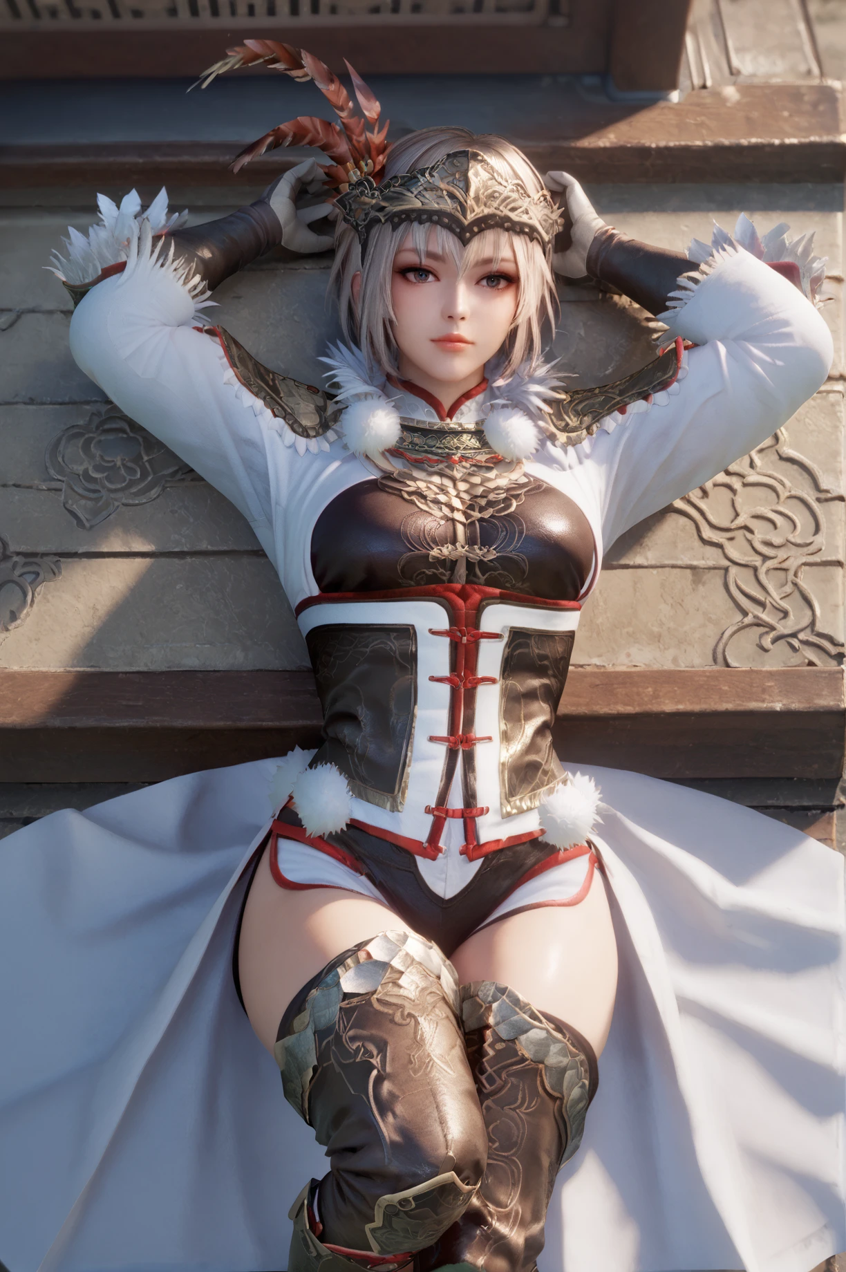 score_9, score_8_up, score_7_up, A woman lying on her back with one knee bent, the other leg straight, arms resting above her head., <lora:Lu_Lingqi_Dynasty_Warriors:1>1 girl, solo, short hair, armor, gloves, helmet, feathers, fur trim, thighhighs, looking at viewer, east asian architecture