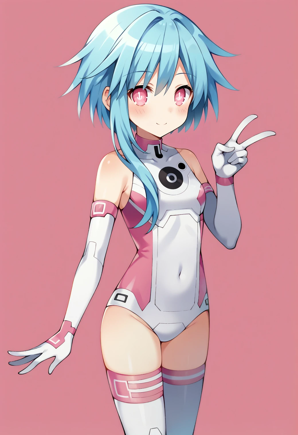 score_9, score_7_up, hd, (ultra hd quality details), source_anime, pink background,
solo, 1girl, wsrombase, blue hair, power symbol, symbol-shaped pupils, short hair with long locks,
wsleotardtypeb, bare shoulders, elbow gloves, white gloves, white thighhighs,
looking at viewer, smile, blush,
standing,
 <lora:_rom_neptunia-elesico-ponyv1:0.9>