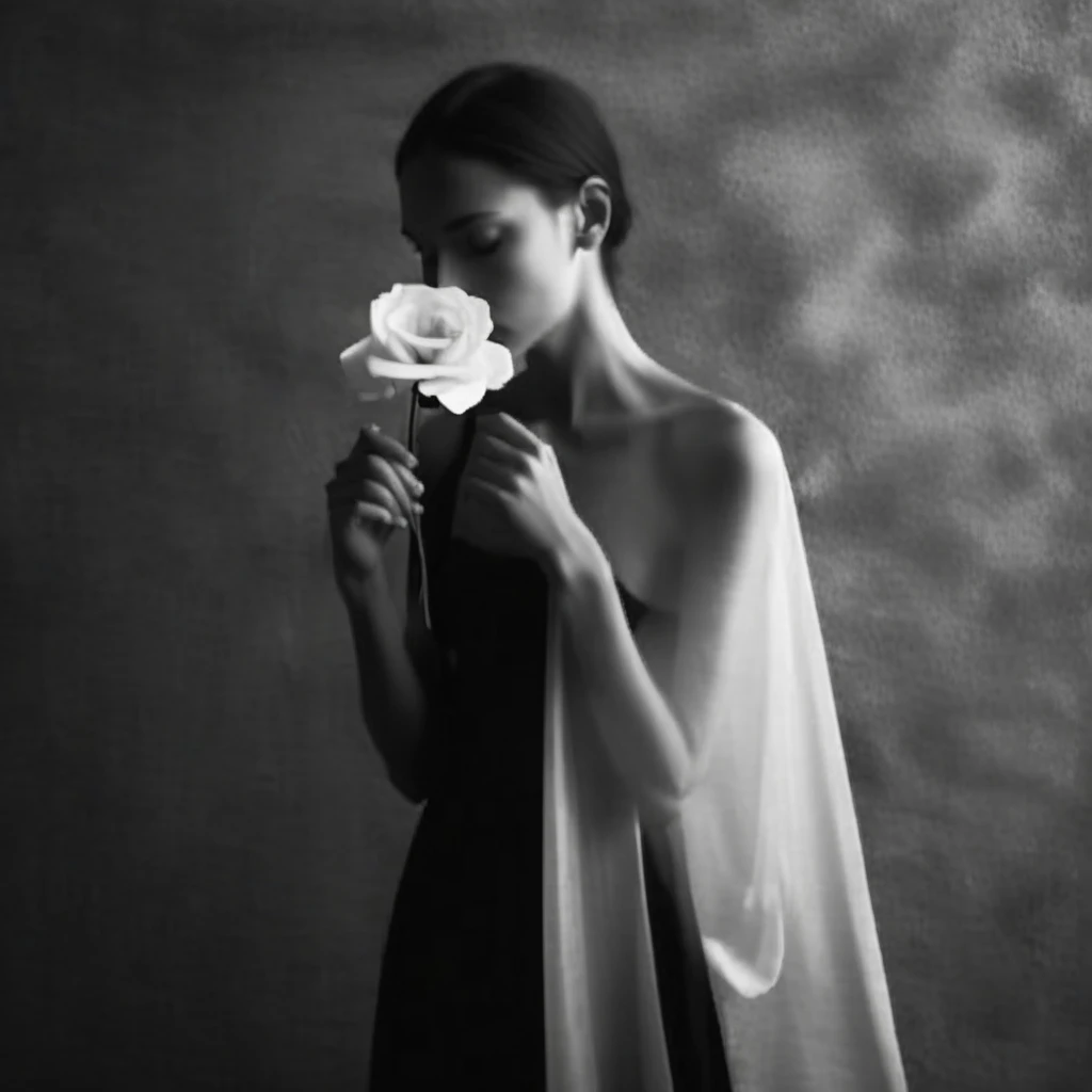 perhaps suggesting themes of freedom, creating a soft, and revelation.​​​​​​​​​​​​​​​​, suggesting an introspective or serene mood. The gray background keeps the focus solely on the subject and the symbolic rose. While the woman's specific identity is obscured, purity, black dress or robe that contrasts sharply with the white walls and floor. She is facing away from the camera, and the delicate white flower creates a hauntingly beautiful visual. Her eyes are closed, dark background. This creates a strong contrast between the light fabric and skin against the darker surroundings.  The fabric appears to be in motion or billowing slightly, and mouth in profile. The lighting appears to be soft