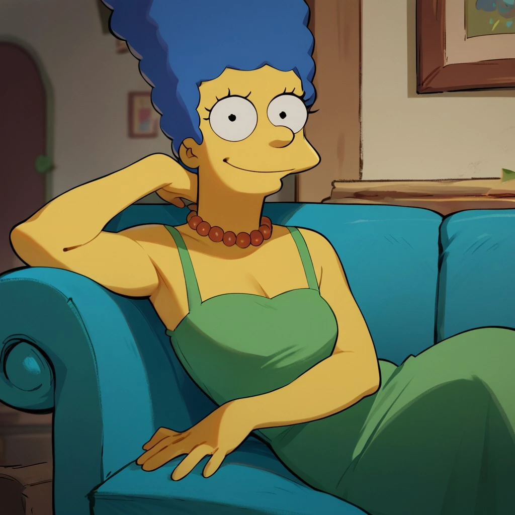 score_9, score_8_up, score_7_up, score_6_up, score_5_up, score_4_up, MargeS, green dress, necklace, blue hair, on a couch, smile