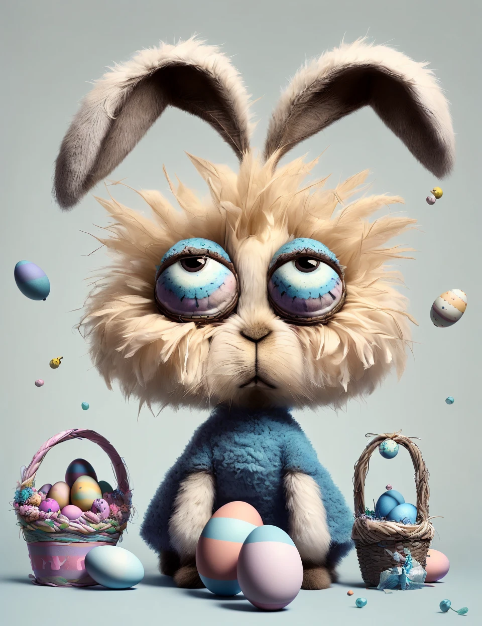 DonM1ns0mn14,huge eyes,tired, hinn, anthropomorphic rabbit, colorful eggs, festive clothing and accessories, basket filled with easter eggs, fertility, rebirth, spring, cheerful, deep blue,authentic,frothy,extraterrestrial,fanciful,frozen  , <lora:DonM1ns0mn14:0.8>