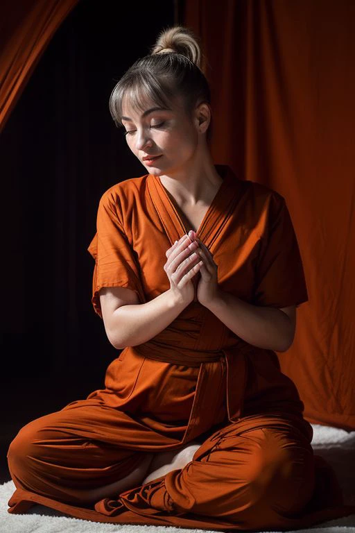 DEN_karmaroused_OF,
(a Buddhist monk sitting outside and meditating in a Buddhist monastery wearing orange Buddhist robes, Buddhist, tranquillity, peace:1.2),
bokeh, f1.4, 40mm, photorealistic, raw, 8k, textured skin, skin pores, intricate details <lora:epi_noiseoffset2:1>, epiCRealism <lora:ClothingAdjuster3:-1>