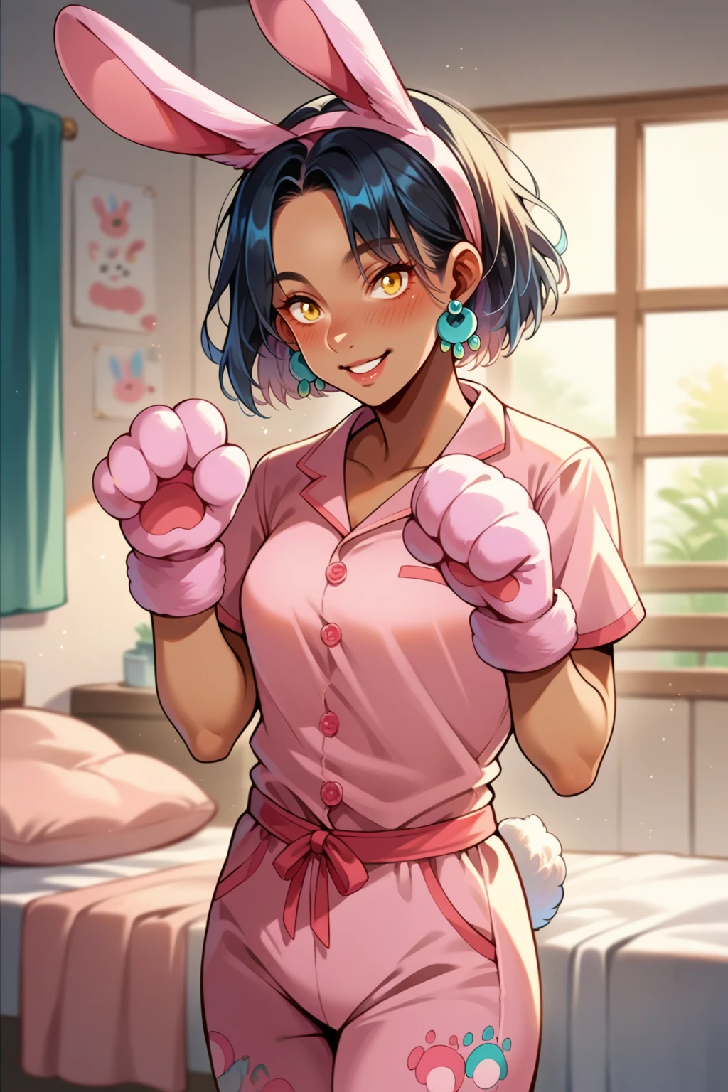 score_9, score_8_up, score_7_up, source_anime, 1girl, solo, <lora:NSSoniaPortia:0.9> NSSoniaPortia, dark-skinned female, black hair, medium hair, yellow eyes, teal dangle earrings, pink pajamas, bunny ears, paw pose, pink paw gloves, bunny tail, bedroom, heavy blush, happy