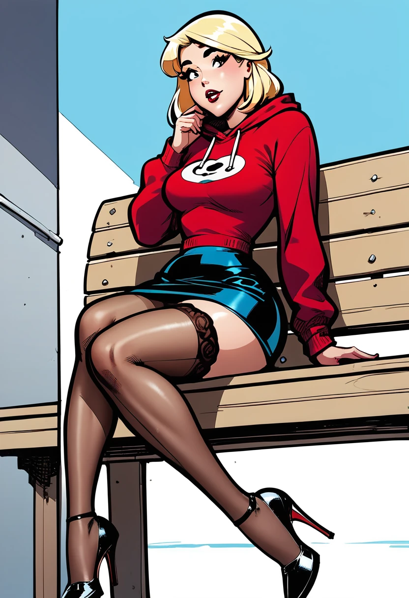 score_9, score_8_up, score_7_up, score_6_up, 1girl, wide hips, cartoon style, high heels, stockings, skirt, long sleeve sweatshirt, sitting on a bench, <lora:Archie_Comics_PDXL:0.9> archcomicxl, parted lips, lipstick, flat colors,