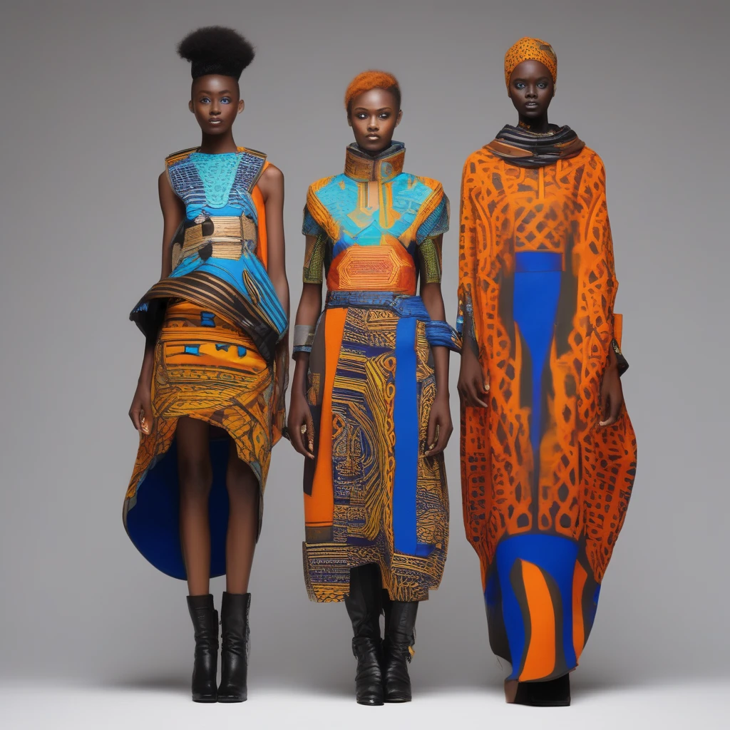 Futuristic African-inspired fashion with bold colors and patterns.