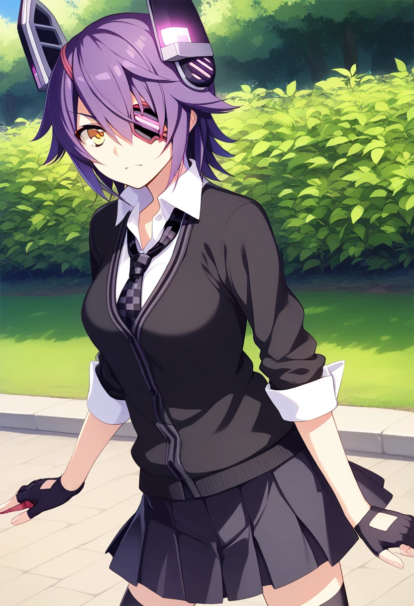 1girl, solo, park,  <lora:KC_02LC_tenryuu_ponyv2:1> tenryuu-kc, headgear, eyepatch, short hair, purple hair, yellow eyes, tenryuudef-kc, cardigan, necktie, checkered necktie, black skirt, miniskirt, pleated skirt, black thighhighs, boots, sleeves rolled up, long sleeves, score_9,score_8_up, score_7_up, source_anime, masterpiece, best quality,  official art, official style, game cg, megami magazine, rating_safe, rating_questionable, <lora:Fixhands_anime_bdsqlsz_V1:0.75>,