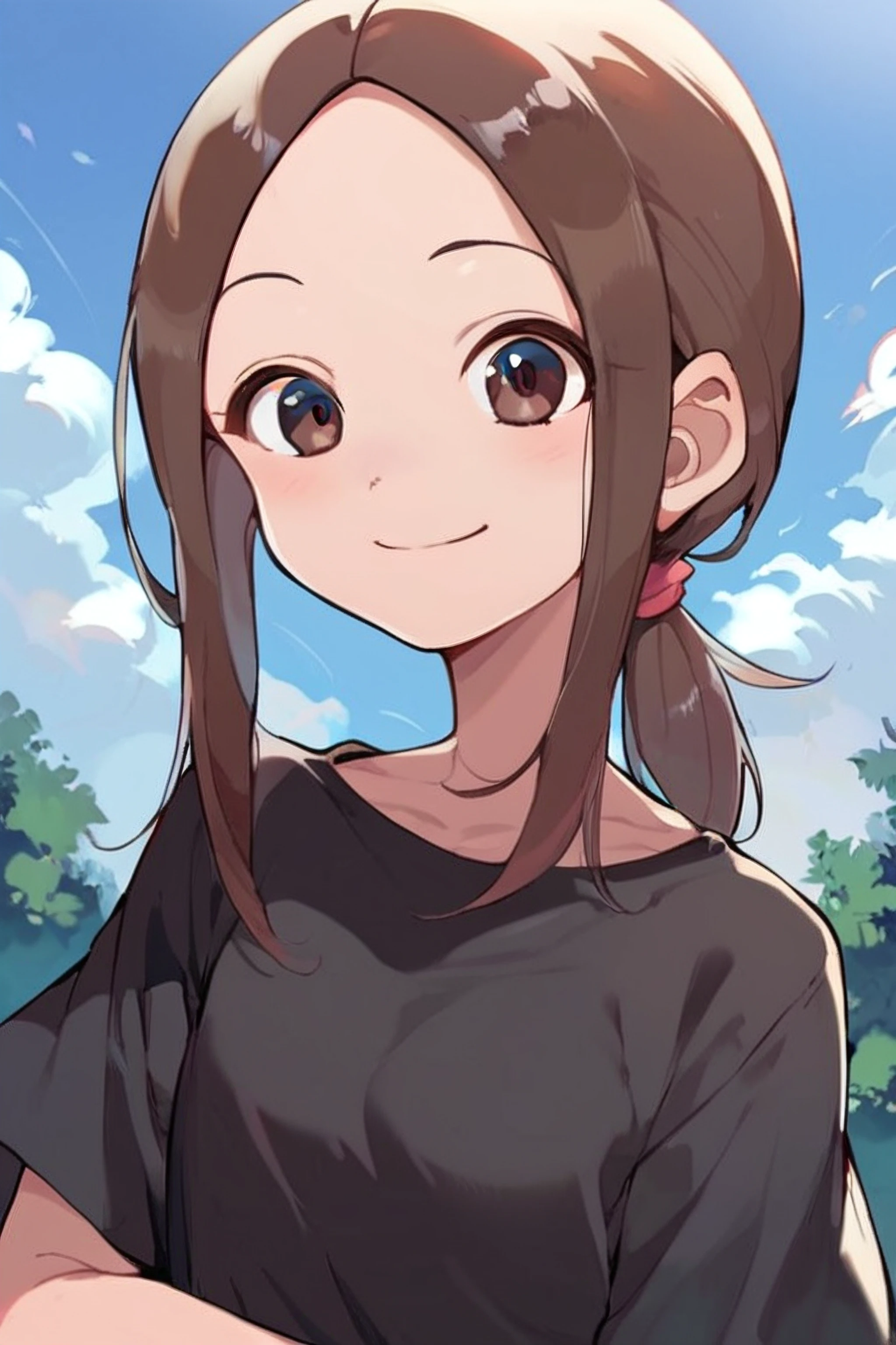 score_9, score_8_up, score_7_up, score_6_up, score_5_up, score_4_up <lora:motoTakagi:0.7> motoTakagi, takagi-san, low ponytail, 1girl, solo, black shirt, smile,