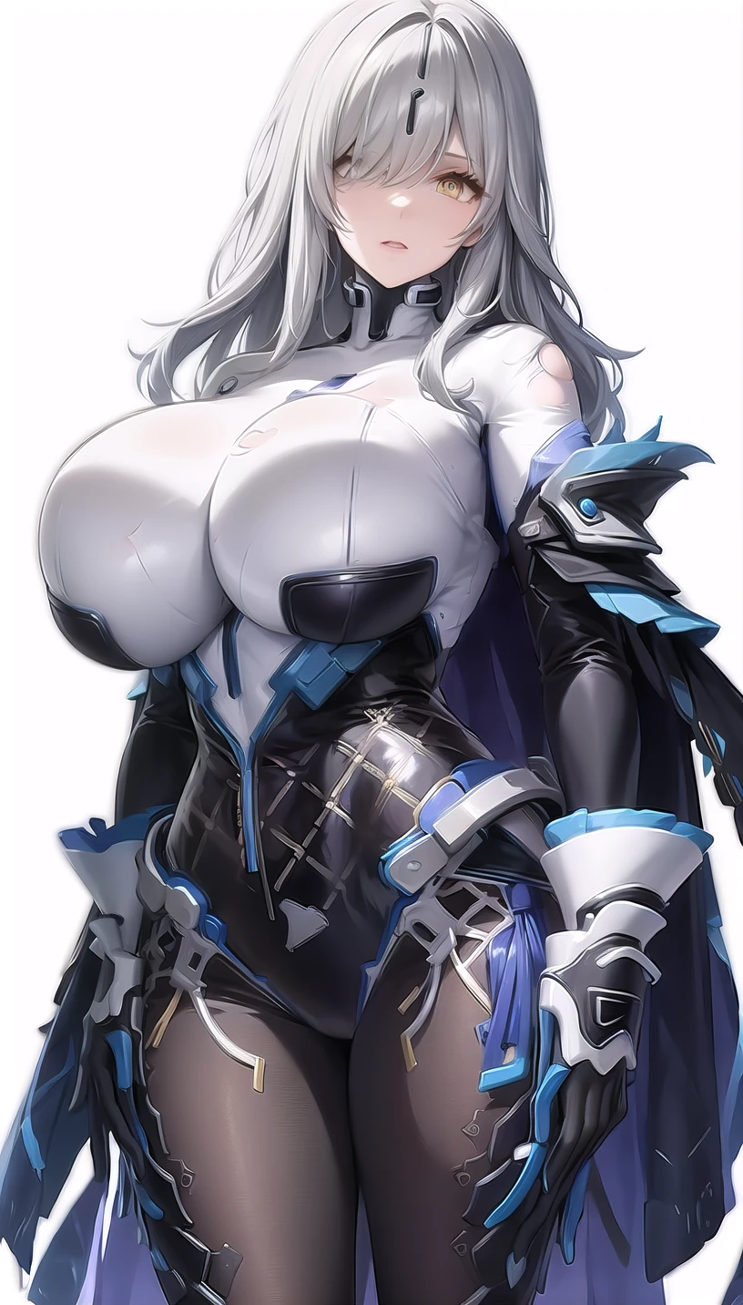 bodysuit, blue gloves,torn cloak,pasties,eyes visible through hair,hair over one eye, 
lady,mature female, cowboy shot,
(white background,simple background:1.18),
highres,official art,original,masterpiece,best quality,
(huge breasts:1.38),
<lora:lyfe2:0.8>