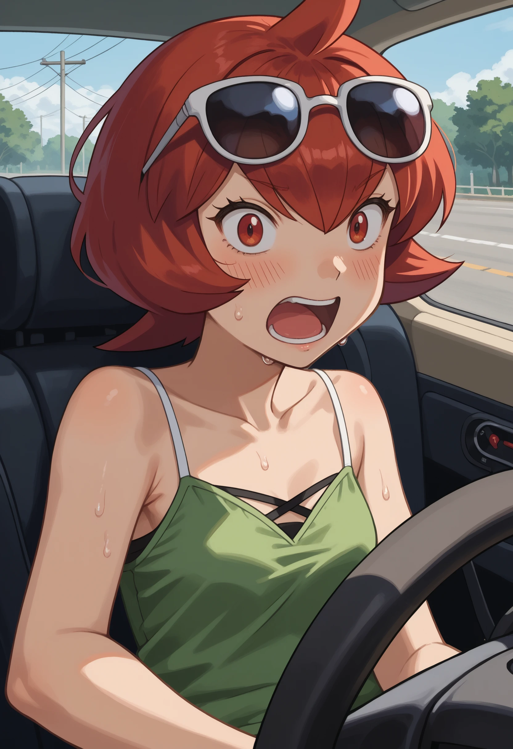 score_9, score_8_up,score_7_up, source_anime, 1girl, solo, EPGingadanMars, red eyes,  short hair, red hair,
eyewear on head, sunglasses, 
 !, !!, ahoge, blush, green shirt, driving, looking at viewer, motion blur, open mouth, shirt, short sleeves, spaghetti strap, steering, steering wheel, surprised, sweat, upper body, screaming, panicking, wide-eyed
<lora:Mars_pdxl_EliPot:1>