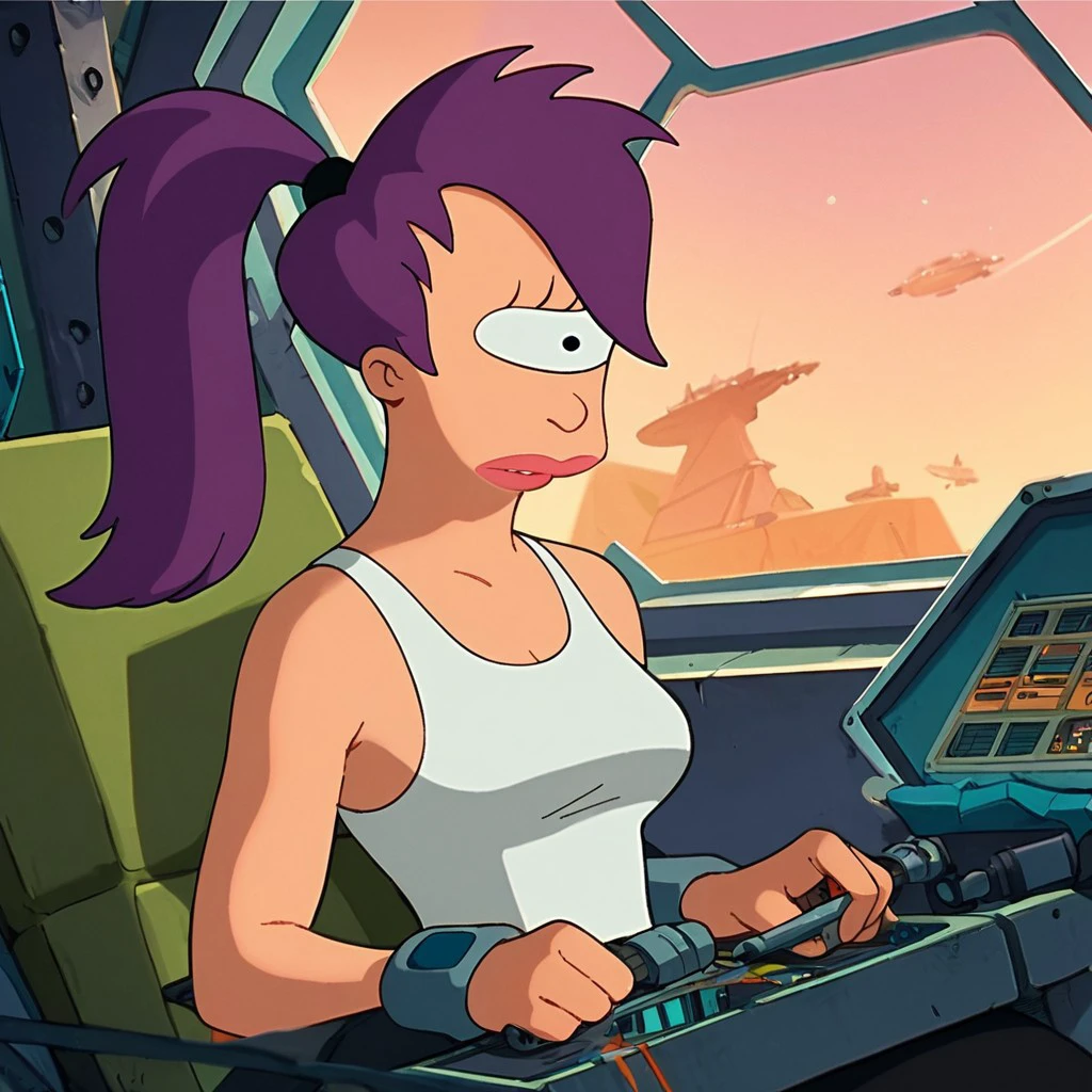 score_9, score_8_up, score_7_up, score_6_up, score_5_up, score_4_up, Leelafut, in a spaceship, tank top, cyclops , purple hair, ponytail