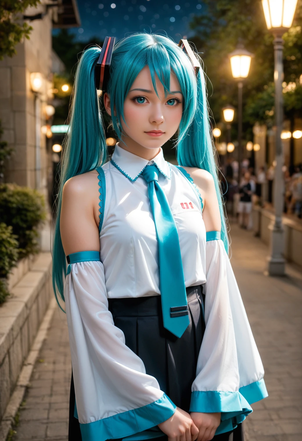 realistic, photo \(medium\), score_9, score_8_up, score_7_up, BREAK
high resolution, very high resolution, cowboy shot,
solo, 1girl, hatsune miku, aqua eyes, aqua hair, twintails, detached sleeves, green necktie, skirt,
looking at viewer, closed mouth,
outdoors, night, starry sky,
