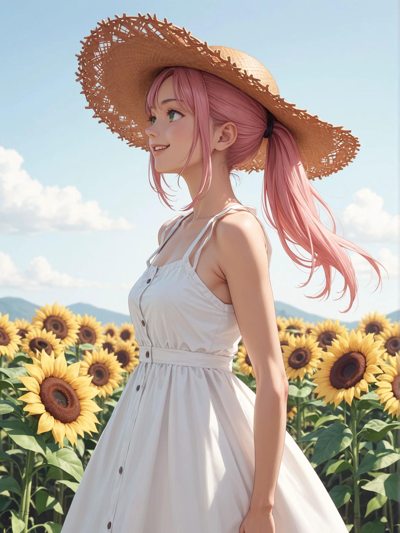 score_9, score_8_up, score_7_up, score_6_up, score_5_up, score_4_up, source_anime BREAK looking away, solo, 1girl, happy, smile, green eyes, pink hair, ponytail, sundress, straw hat, sunflowers, windy, [from side|straight-on]