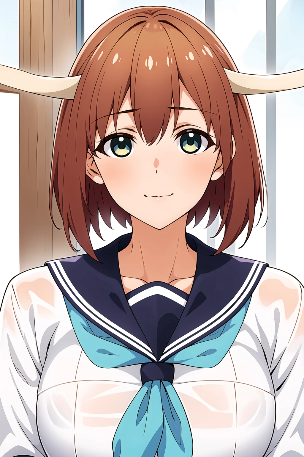 Simple Background,White Background,
dynamic pose,standing at attention,
neckerchief, long sleeves, pleated skirt, sailor collar, school uniform, serafuku, 
<lora:Nokotan_MyDeer-KK77-V1:0.7>,horns,
Green eyes, brown hair,bangs,Short hair,
<lora:more_details:0.1>,<lora:Oda_Non_Style-KK77-V2:0.3>,<lora:Sexy_AIart-KK77-V1:0.3>,
1 girl, 20yo,Young female,Beautiful long legs,Beautiful body,
Beautiful Nose,Beautiful character design, perfect eyes, perfect face,expressive eyes,perfect balance,
looking at viewer,(Focus on her face),closed mouth, (innocent_big_eyes:1.0),(Light_Smile:0.3),
official art,extremely detailed CG unity 8k wallpaper, perfect lighting,Colorful, Bright_Front_face_Lighting,White skin,
(masterpiece:1.0),(best_quality:1.0), ultra high res,4K,ultra-detailed,
photography, 8K, HDR, highres, absurdres:1.2, Kodak portra 400, film grain, blurry background, bokeh:1.2, lens flare, (vibrant_color:1.2),professional photograph,
(Beautiful,small_breasts:1.0), (beautiful_face:1.5),(narrow_waist),