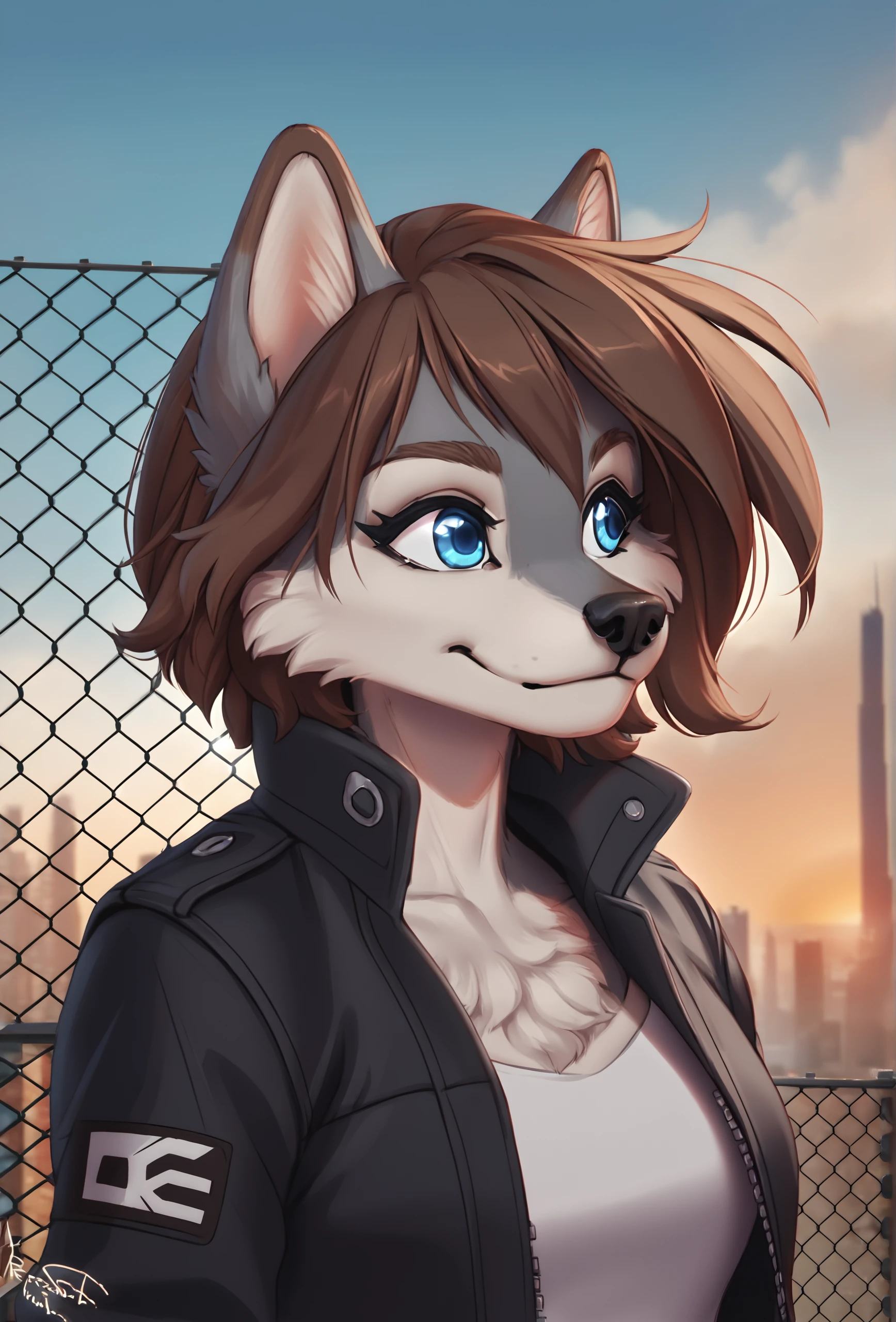 outdoors, city, sunrise, source_furry <lora:personalami_style_ponyXL_v1:1> personalamistyle
<lora:tala_fluffkevlar_ponyXL_v1.1:0.7> tala, furry, wolf girl, 1girl, solo, medium hair, blue eyes, grey fur, brown hair, black jacket, smile, (eye reflection:1.2), wind, chain-link fence, closed mouth