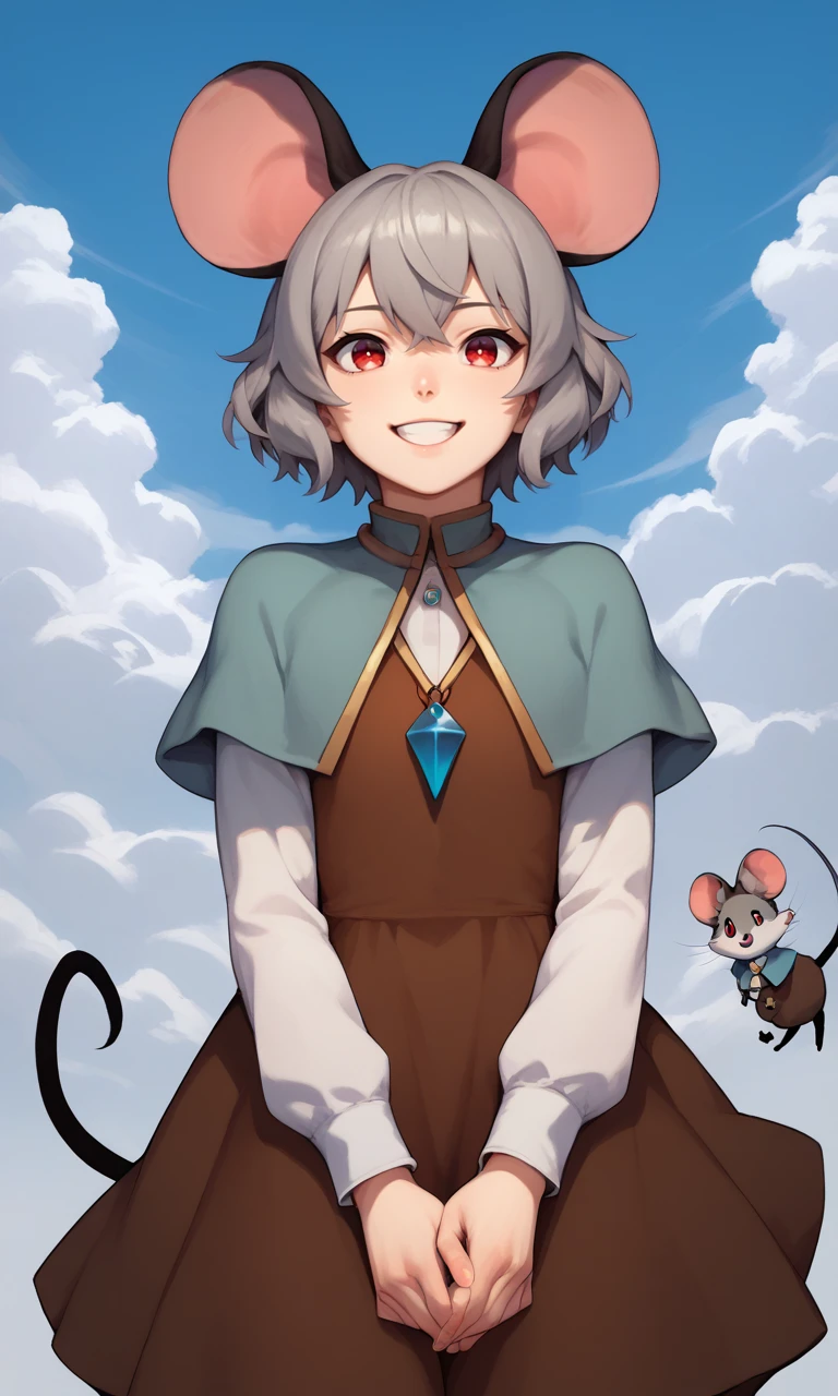 score_9, score_8_up, score_8, score_9, 1 girl,  source_anime, nazrin, mouse ears, mouse tail, grey hair, capelet, brown dress, white sleeves, red eyes, [pendant], <lora:nazrin_pony-10:0.8>, detailed background, sky,  <lora:hong_doo:0.8>, long sleeves, flat chest, smile