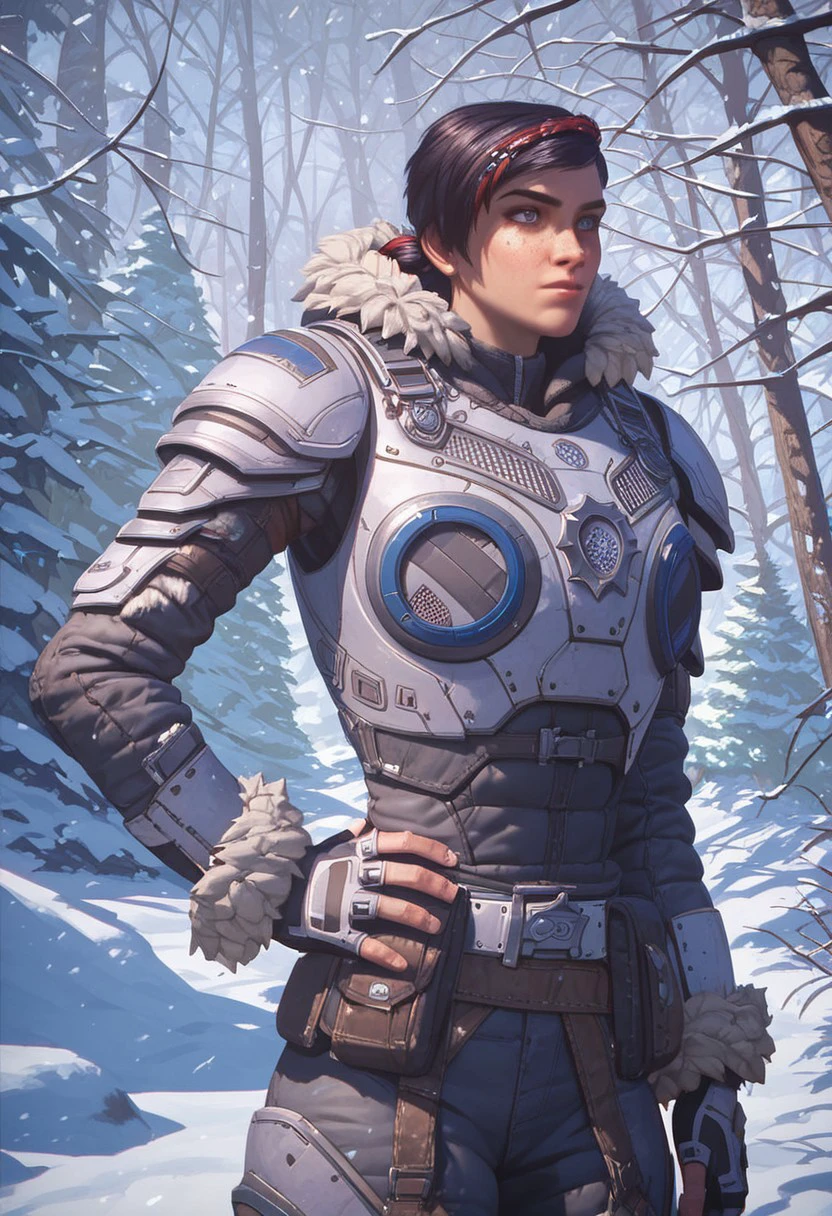 Score_9_up, score_8_up, score_7_up, 1girl, solo, kaitdgow, black hair, short hair, ponytail, freckles, red hair braid, heavy armor, fur trim, fingerless gloves, hand on hip, forest, snow, snowing,  Expressiveh