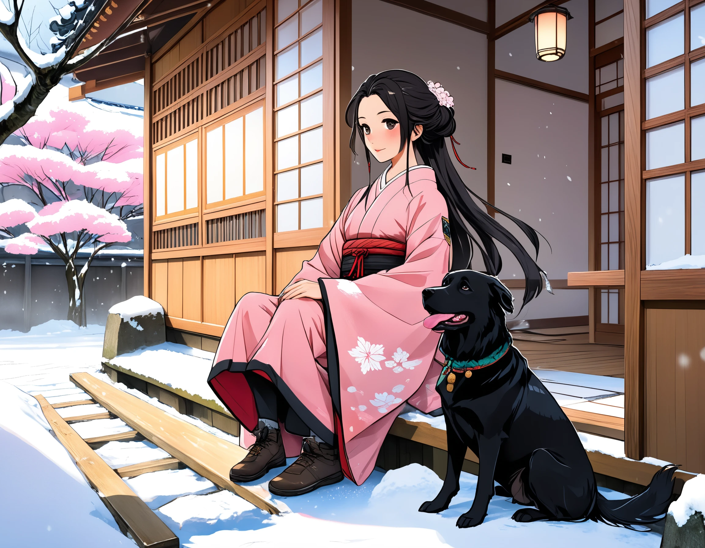 in a tipical japanese house build of wood is nezuko kamado, she is wearing a traditional japanese pink dress with some red colors, his mouth is tide up with a little piece of green bambu, also the ends of her hair is different color, is pink. she is sitting at the entry waiting for someone and it is snowing, so theres a lot of trees with white cops of snow. a black dog is at her side. anime style