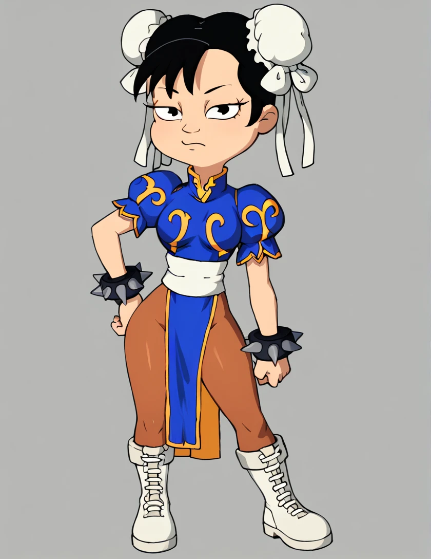 <lora:AkikoPony1.0:0.8>akiko, 1girl, chun-li, solo, pantyhose, bun cover, double bun, spiked bracelet, hair bun, china dress, pelvic curtain, chinese clothes, bracelet, jewelry, spikes, dress, boots, black hair, puffy sleeves, puffy short sleeves, sash, white footwear, short sleeves, short hair, score_9, score_8_up, score_7_up, score_6_up, score_5_up, score_4_up, looking at viewer, simple background, hand on own hip,