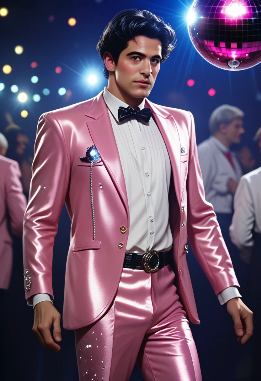 score_9, score_8_up, score_7_up, D4NC3RS,  A man in a glittery pink suit BREAK disco ball, night club, dancing, studio photography, detailed Nikon X3460, cinematic angle, cinematic lighting,