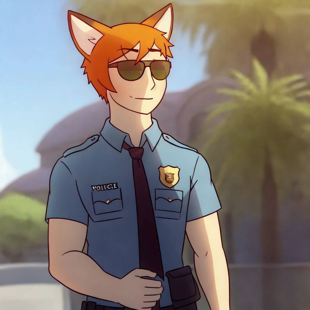 <lora:mikeinel_nick:0.7>
solo, 1boy, masterpiece,
mikeinel_nick, human, humanoid, orange hair, fox ears,
police uniform, blue shirt, sunglasses, holding donut,