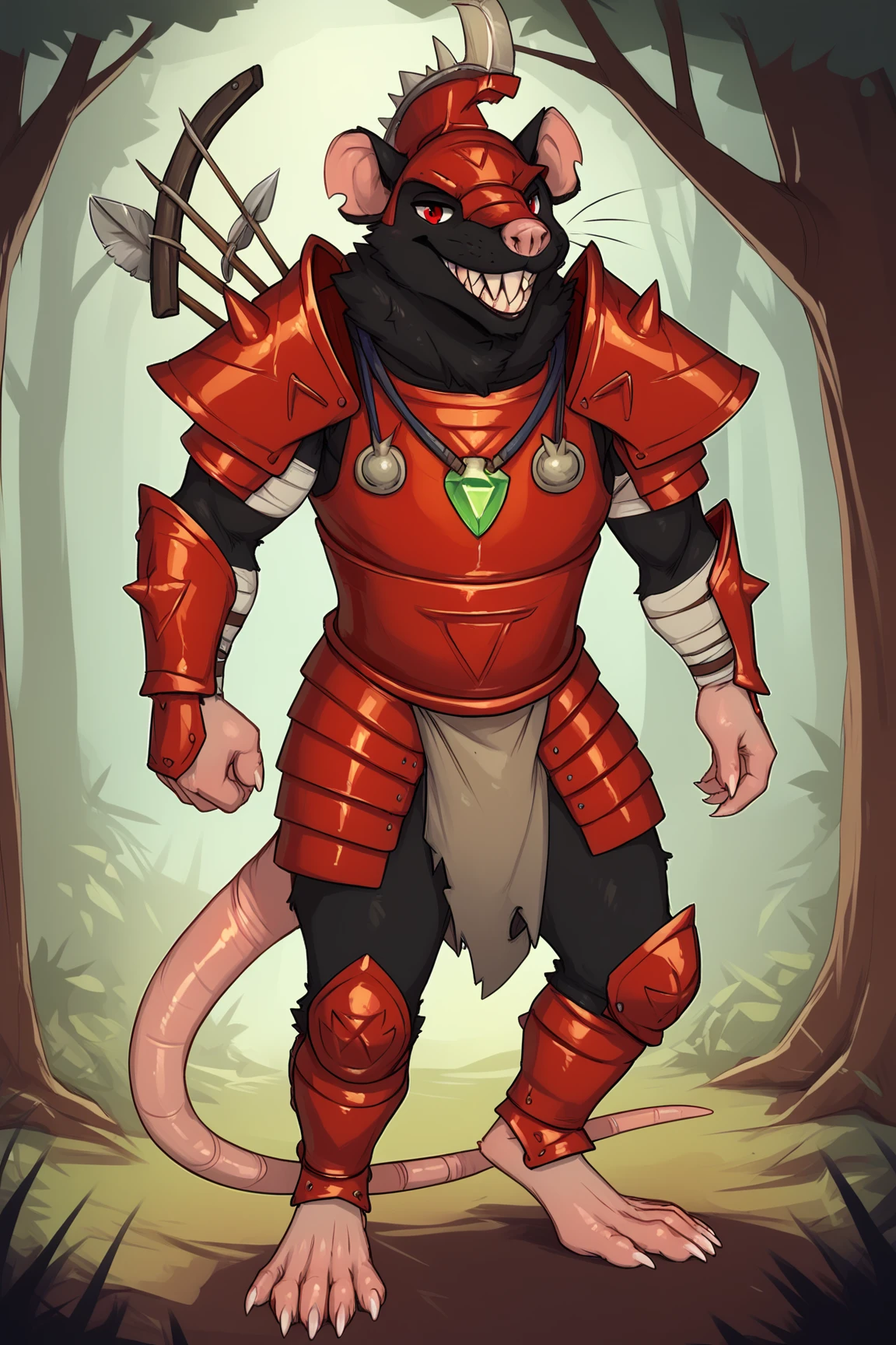 score_9, score_8_up, score_7_up, score_6_up, score_5_up, score_4_up, BREAK, SkavenSWF, anthro furry, furry male, black fur, snout, red eyes, sharp teeth, rat teeth, rat ears, rat tail, rat, red helmet, (bones on helmet), red armor, spikes, necklace green jewel, shoulder armor, red breastplate, red guantlet, bandages, red hips armor, grey loincloth, red greaves, barefoot, rat feet, arrow \(projectile\) on behind, solo, standing, grin, looking at viewer, forest, tree <lora:SkavenSWF:0.9>