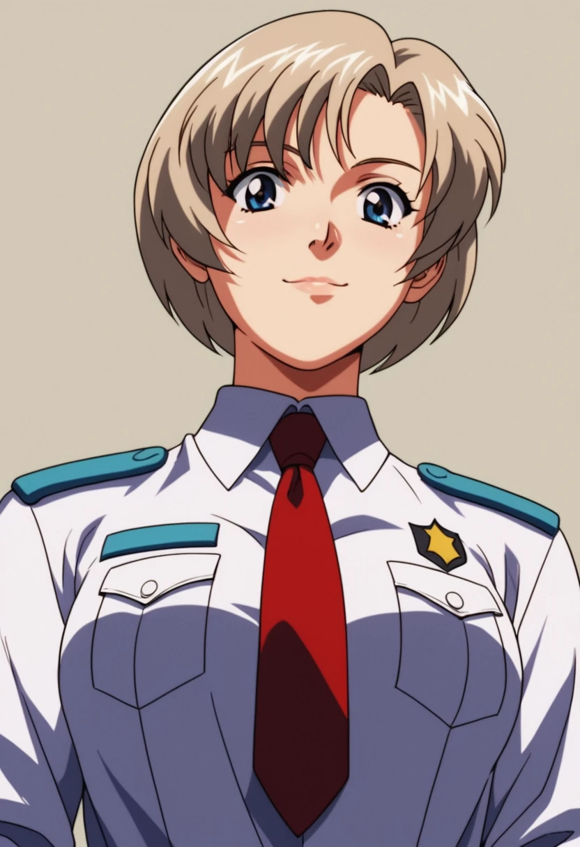 score_9, score_8_up, score_7_up, score_6_up, 1girl, solo, <lora:Nene_Romanova_-_Bubblegum_Crisis_Tokyo_2040:1>, Nene, AD Police uniform, red tie, (retro artstyle:1.3), detailed eyes, perfect face, perfect eyes, sexy, sexy girl, beautiful eyes, petite body, medium breasts, standing, posing, light smile, simple background, from below, dynamic angle