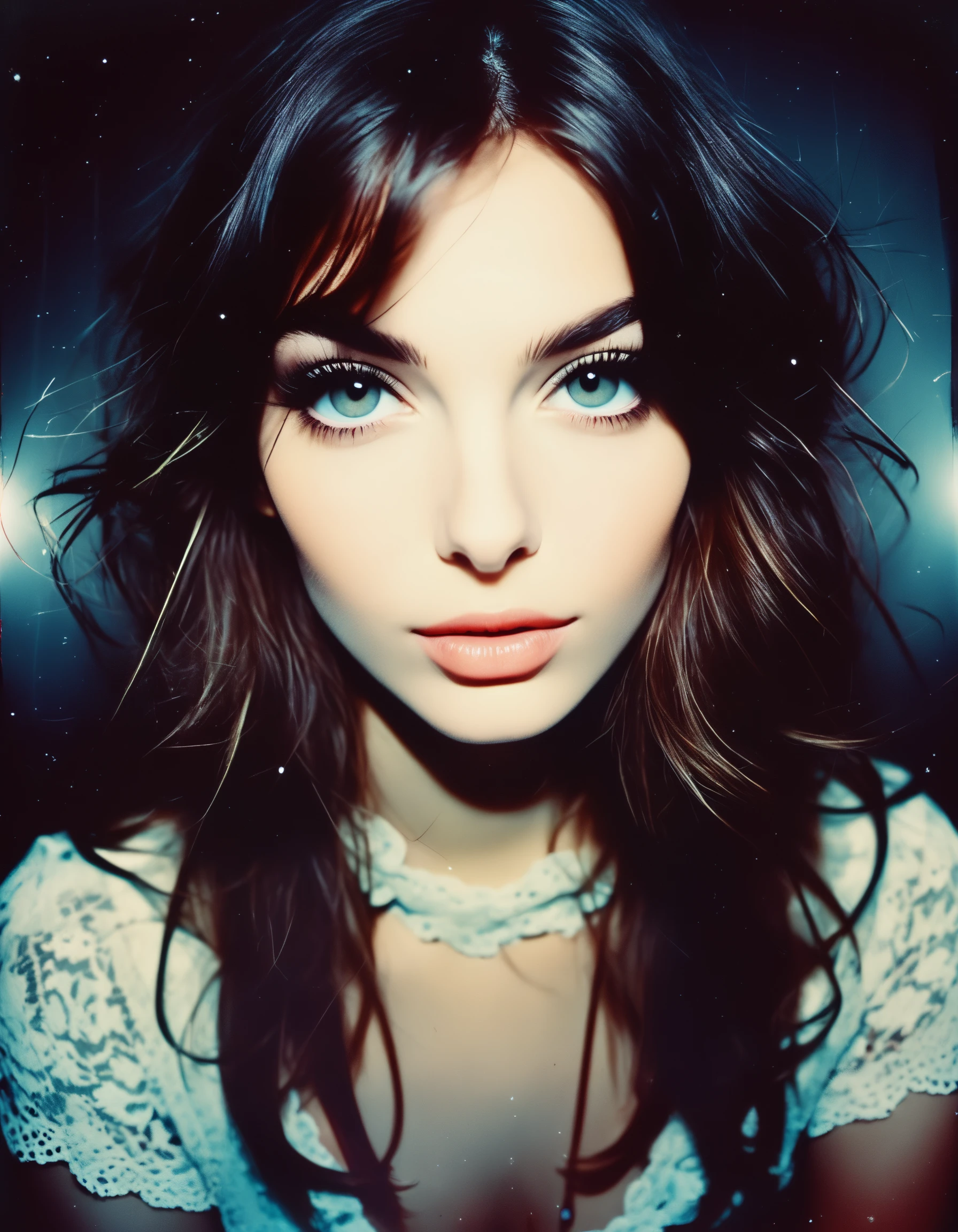 Toy camera style portrait of french woman, plastic lense, snapshot, high contrast ,whole body, midnight,flash, photography, photo