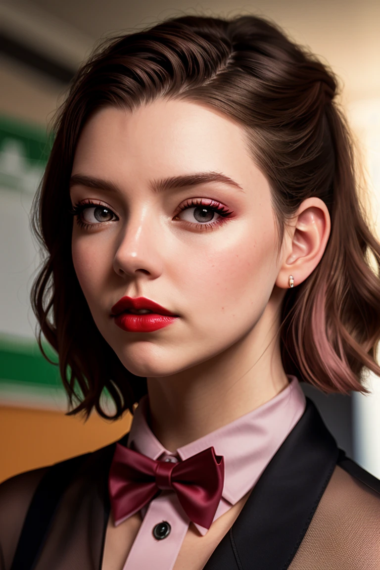 anyataylorjoy-4230, ((detailed skin, detailed face):1.2), ((detailed eyes, beautiful eyes):1.2), ((red lipstick, eyeliner, eye shadow, blush)), ,photo of a woman, RAW, ((bowtie, shirt)),((short hair)), ((classroom, sitting)), slim body, 8k uhd, dslr, soft lighting, high quality, film grain, Fujifilm XT3 sharp focus, f 5.6,((red lipstick, blush)) , slight smile