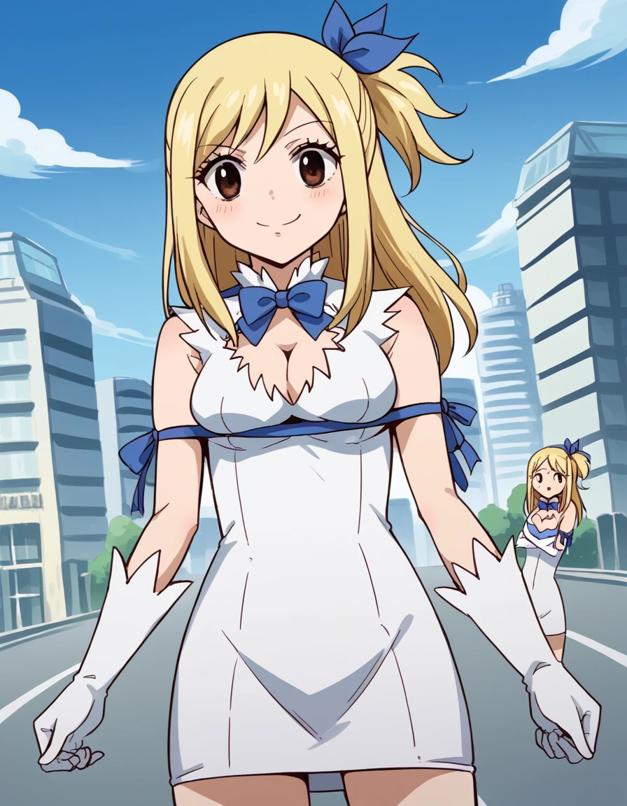 score_9, score_8_up, score_7_up, source_anime, lucyheartfilia, <lora:lucy-heartfilia-s7-ponyxl-lora-nochekaiser:1>, lucy heartfilia, blonde hair, brown eyes, long hair, one side up, ribbon, hair ribbon, blue ribbon,, <lora:hestia-cosplay-ponyxl-lora-nochekaiser:1>, hestiacosplay, hestia \(danmachi\) \(cosplay\), blue bow, blue bowtie, bow, bowtie, cleavage, cleavage cutout, clothing cutout, dress, gloves, pencil dress, rei no himo, short dress, white dress, white gloves, blue ribbon, arm ribbon,, outdoors, cityscape, street, smile, blush,, cowboy shot, dutch angle, solo,