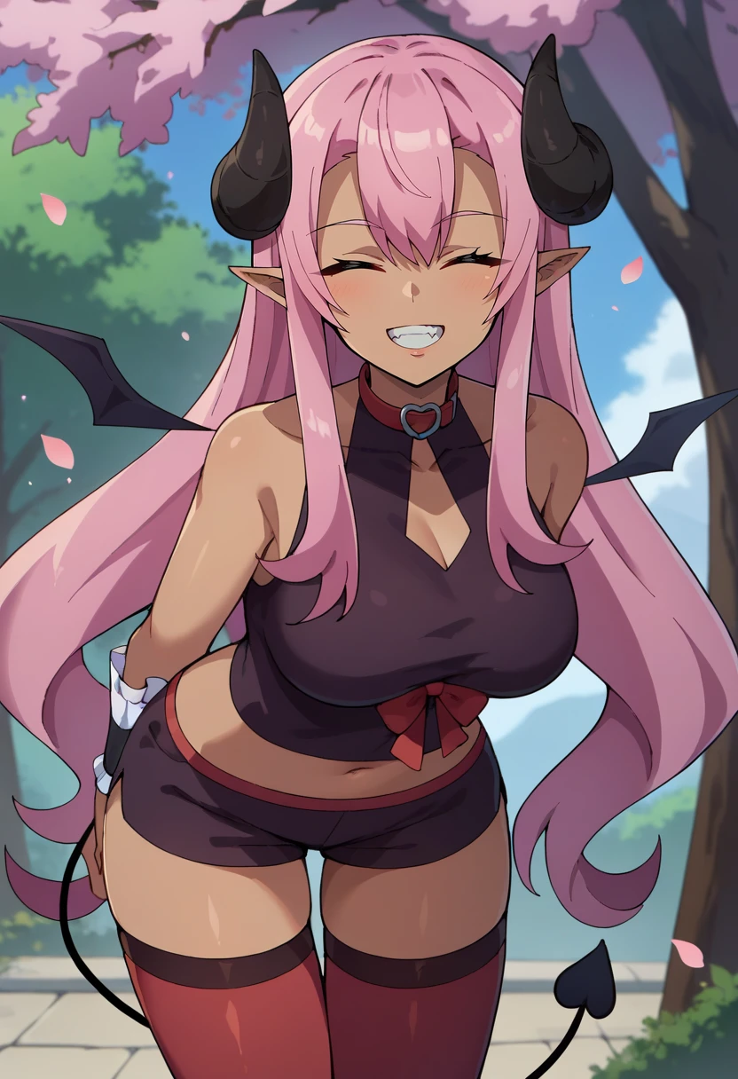 score_9, score_8_up, score_7_up, source_anime,
<lora:MaougunSaikyou_LilithXL:0.8>, LilithMS,
1girl, open mouth, smile, grin, shiny skin,
pink hair, long hair, closed eyes, dark skin, pointy ears, horns, demon wings, demon tail,
purple shirt, crop top, red collar, heart, clothing cutout, red bow, underbust, short shorts, purple shorts, wrist cuffs, red thighhighs,
standing, looking at viewer, leaning forward, arms behind back,
outdoors, cherry blossoms, petals