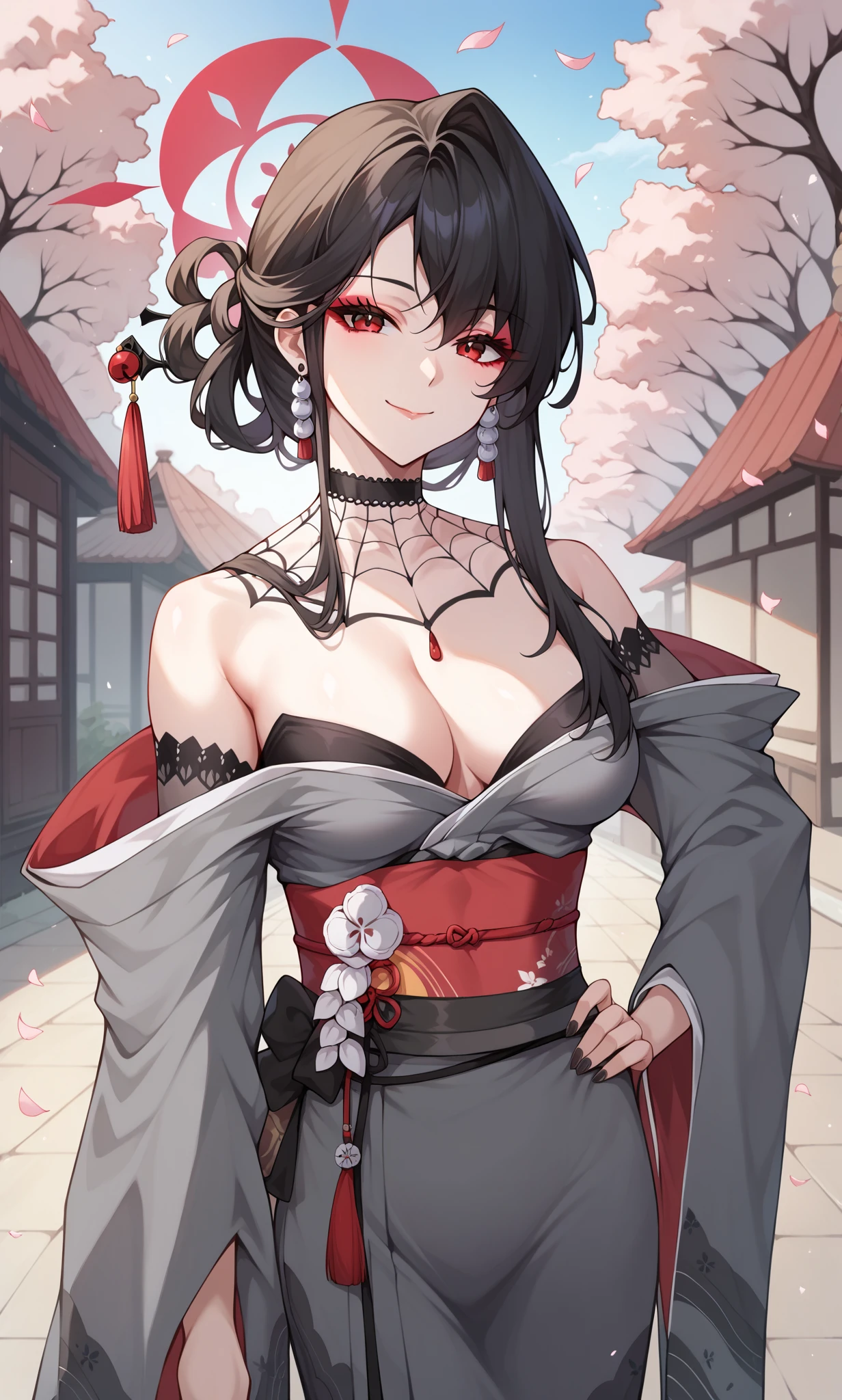 Seven Rhaeyar (Deylta), Ancient Star goddess, Perfect female anatomy (Royalty, Adult Female, 166cm in height, Cool pale skin, slim, slender, 34D breast size, Long Jet Black Hair, Gray Colored Iris , a set of Jet black colored horns on her head), Neutral facial expression, Elegant black uniform dress, female choker accessory with silver complimentary jewelry, dragon motifs, Black rope accessories, Simple Black Background, receiving light from the front, Slightly focusing on her face up close, Ethereal glow, Red Rose petals falling, Japanese inspired