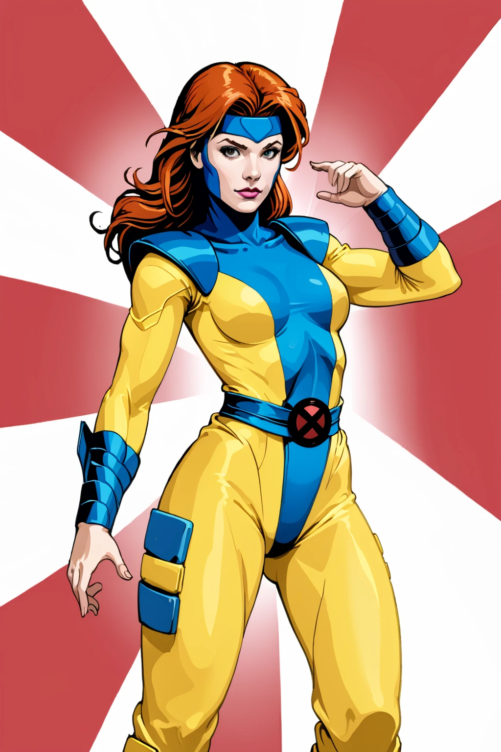 score_9,<lora:Jean_Grey_90s_PDXL_spamb0t:0.85>,Marvel_Jean_Grey_90s,long orange hair
BREAK [SEP] yellow bodysuit
BREAK [SEP] x symbol belt
BREAK [SEP] simple background
BREAK [SEP] high quality,film grain,cowboy shot,modeling pose
BREAK [SEP] (hyper detail,insanely detailed,best quality,masterpiece,photorealistic:1.4)