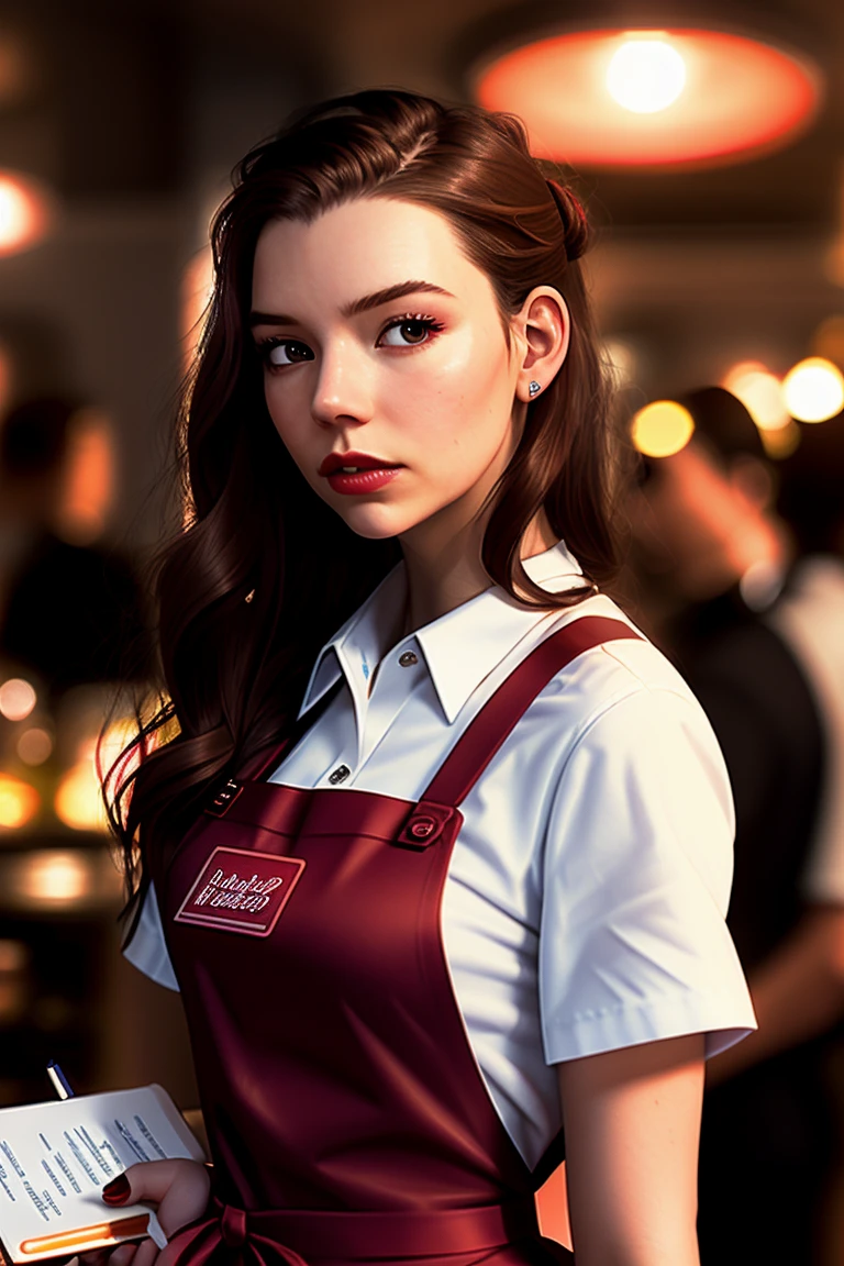 anyataylorjoy-4230, ((detailed skin, detailed face):1.2), ((detailed eyes, beautiful eyes):1.2), ((red lipstick, eyeliner, eye shadow, blush)), photo of a woman, ((apron, shirt, waitress outfit, notepad, diner, sunrise)), slight smile