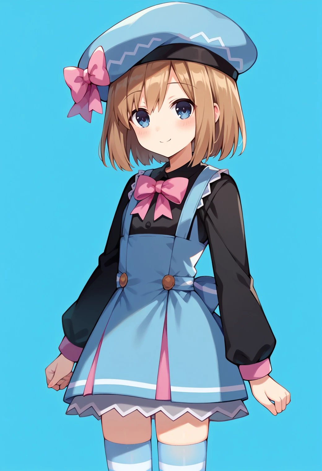 score_9, score_7_up, hd, (ultra hd quality details), source_anime, blue background,
solo, 1girl, defrombase, brown hair,
blue dress, hat ribbon, hat bow, beret, black shirt, long sleeves, thighhighs, striped thighhighs,
looking at viewer, smile, blush,
standing,
 <lora:_rom_neptunia-elesico-ponyv1:0.9>