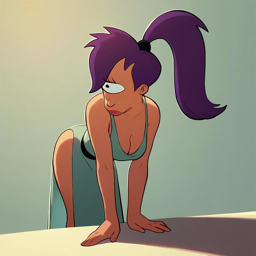 score_9, score_8_up, score_7_up, score_6_up, score_5_up, score_4_up, Leelafut, dress, leaning over, cleavage, cyclops , purple hair, ponytail