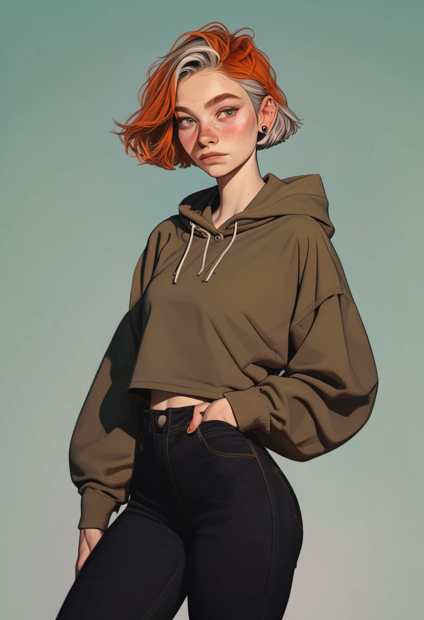 1girl, pretty face, freckles, manic pixie, short hair, orange hair, silver highlights, 
green hoodie, black jeans, posing,  
FOV medium full shot,  
simple pastel green background,
score_9,score_8_up