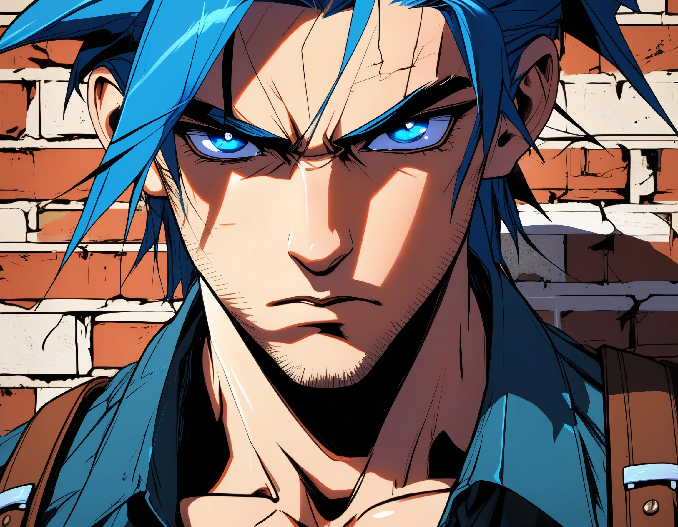 close-up of a male character with blue hair intense eyes and a determined expression set against a brick wall background, masterpiece