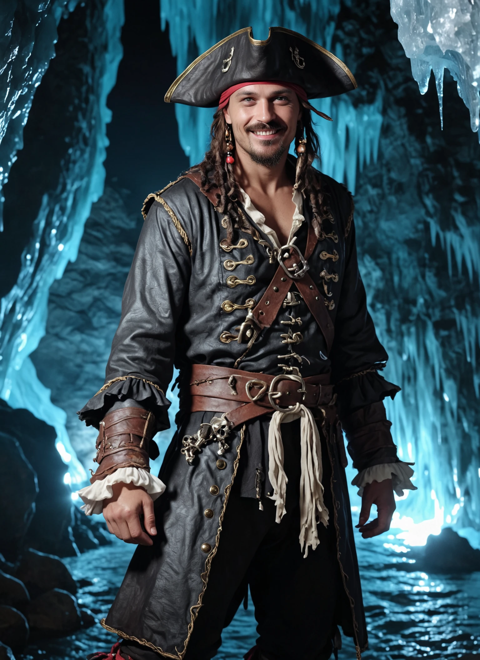 photorealistic 8k raw photo of a man, zdnlz, Swashbuckling Pirate Costume, smile, dynamic pose, perfect sharp eyes, highly detailed skin texture, Glowing Ice Caves at Night, <lora:DoNLoRa XL - 03:1>