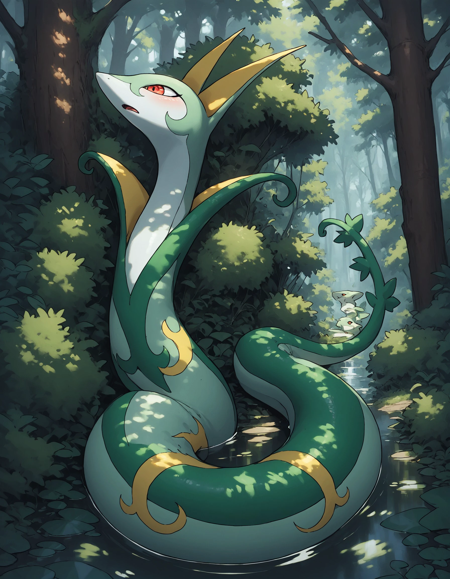 score_9, score_8_up, score_7_up, serpxl, red eyes, high collar, pokemon \(creature\), full body, snake, serpent, forest, bushes, <lora:3dd21200-9740-40e0-99e6-fbc9aa9e5389:0.8>, <lora:cefaa866-a58e-40ba-a219-79ab392f7d60:0.6>, <lora:a1b62a7e-447c-4890-9c92-3b0e8d208c48:1.0>