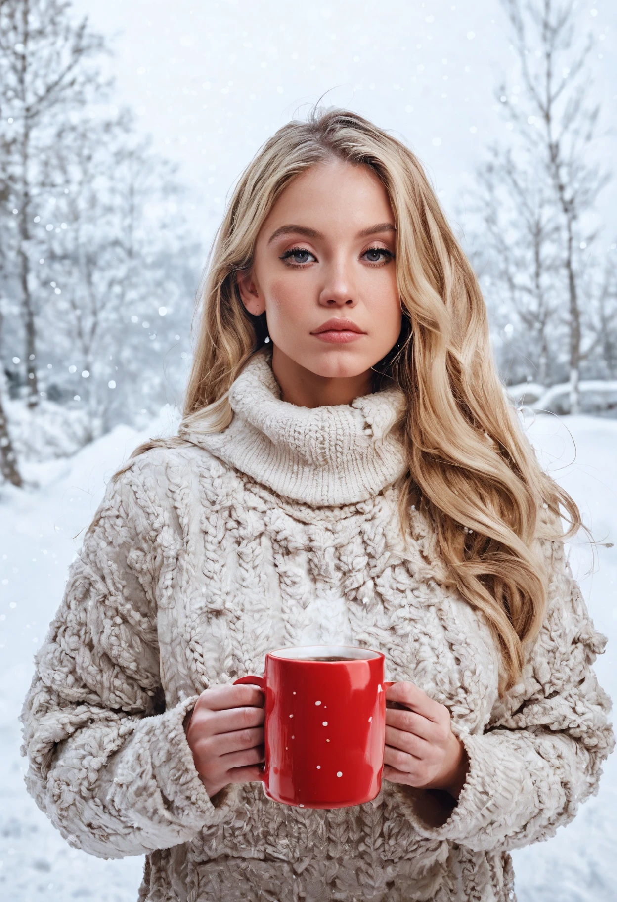 scorscore_9, score_8_up, score_7_up, score_6_up,
sw33ny,  <lora:sydneyPonyRealism:1>,  in a woolly sweater, blonde hair, long hair, facing the viewer, snow, snowy, red mug of coffee , snowing