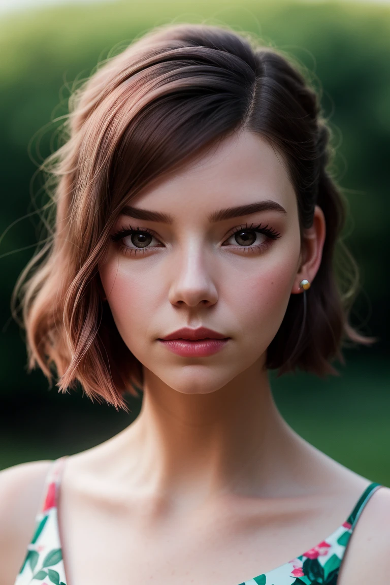 anyataylorjoy-4230, ((detailed skin, detailed face):1.2), ((detailed eyes, beautiful eyes):1.2), ((red lipstick, eyeliner, eye shadow, blush)), ,photo of a woman, RAW, close portrait photo, ((beautiful floral print sundress)),((short hair, pixie cut)), ((outdoors, gorgeous meadow, walking)), ((detailed skin, detailed face):1.2), ((detailed eyes, beautiful eyes)), 8k uhd, dslr, soft lighting, high quality, film grain, Fujifilm XT3 sharp focus, f 5.6,slight smile,