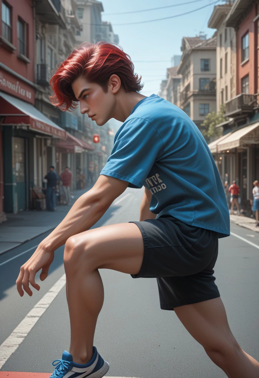 score_9, score_8_up, score_7_up, D4NC3RS, 1boy , male focus, red hair, blue eyes, blue shirt and black shorts, gymnast, , profile, from the side, street, outdoors, spinning, detailed face,  gymnastic pose, BREAK retro photography, studio photography, detailed Nikon X3460, cinematic angle, cinematic lighting,