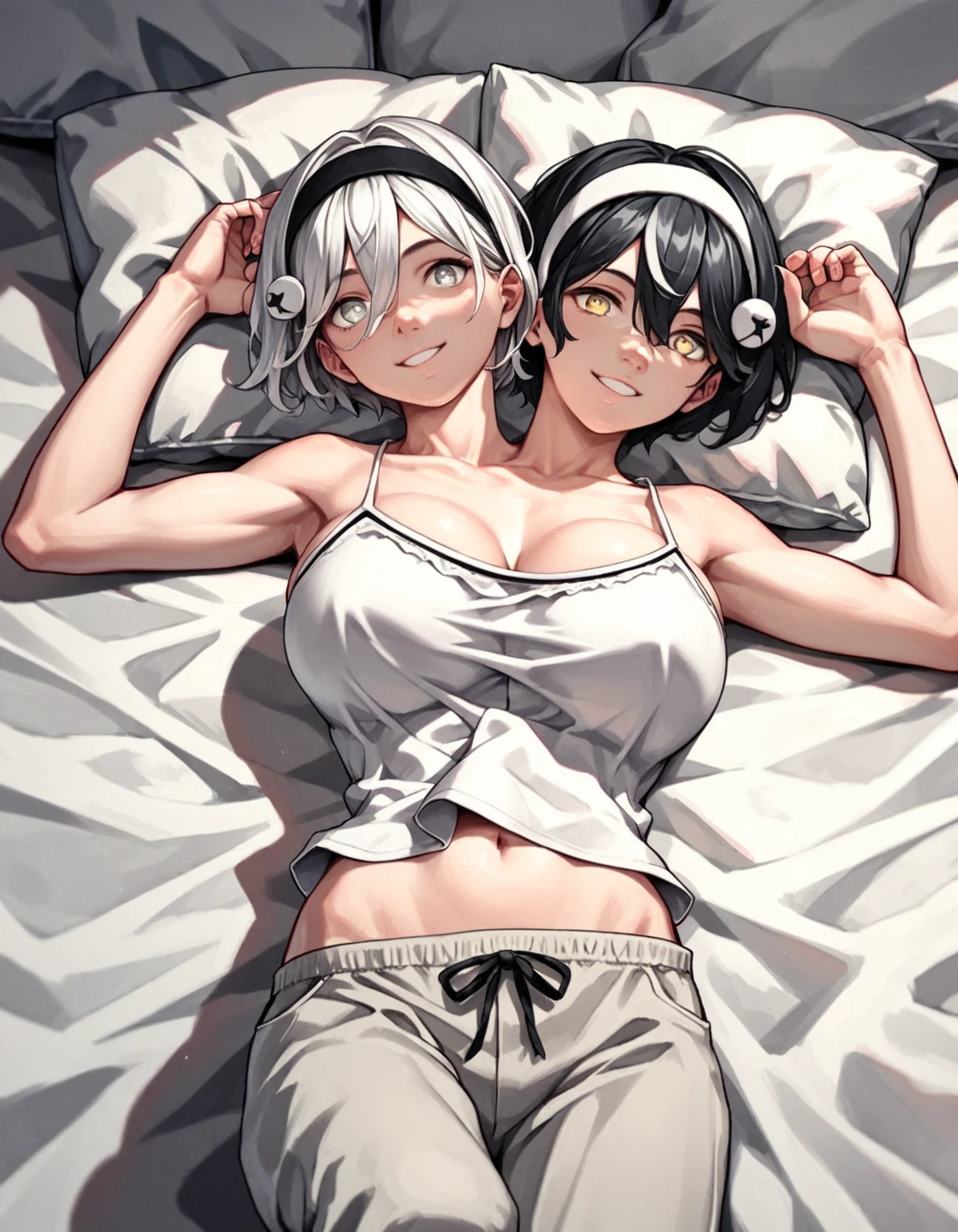 score_9, score_8_up, score_7_up, score_6_up, source_anime, laying on back, in bed, <lora:natsufuyu2-pxl:1>, natsufuyu, hairband, short hair, smile, black hair, white hair, silver eyes, yellow eyes, 2 heads, large breasts, spaghetti strap shirt, pajama pants,