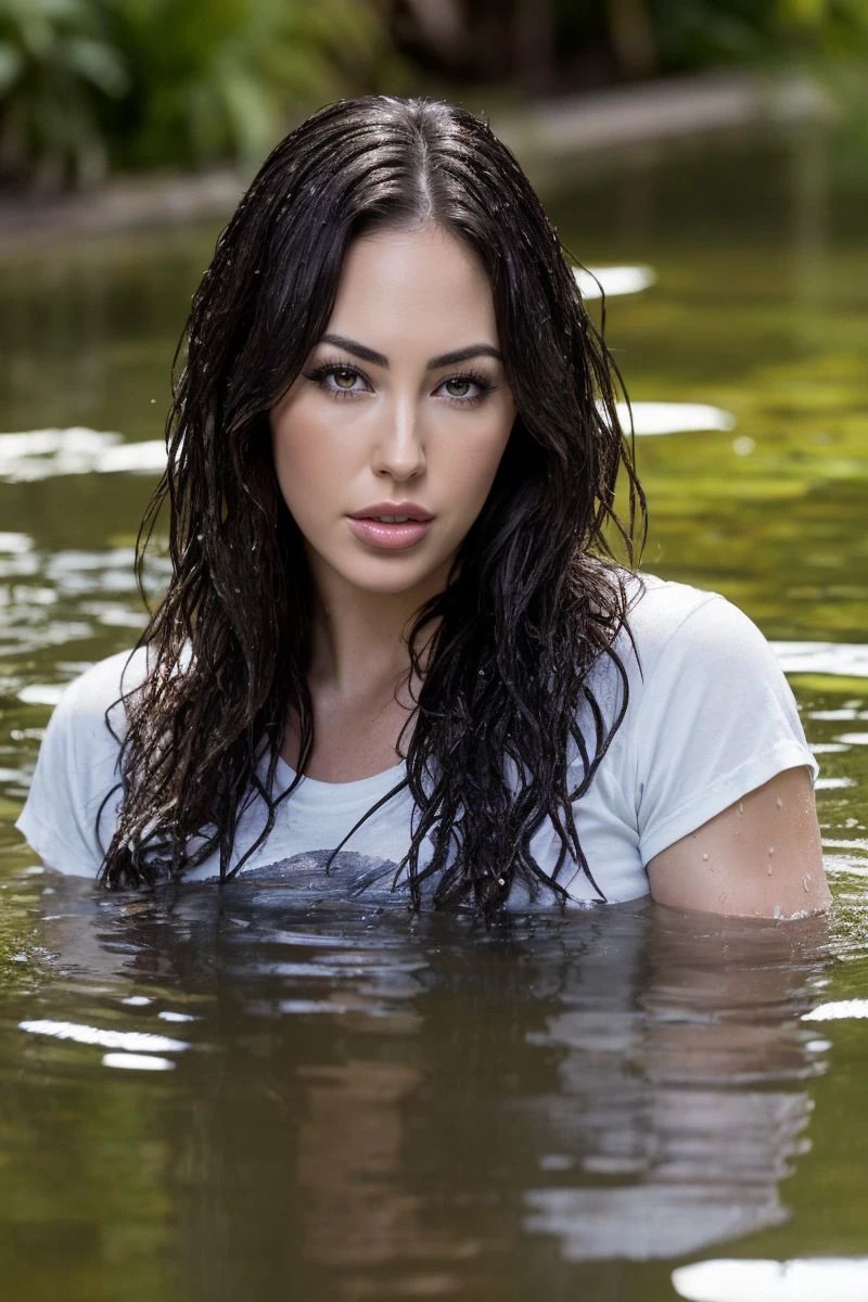 portrait of S462_HopeBeel,a beautiful woman,in a (pond:1.1),wearing a (tshirt),(wet-hair),(4k, RAW photo, best quality, 50mm, depth of field, ultra high res:1.1),(intricate, photorealistic, cinematic-shot, masterpiece, ultra-detailed:1.1),