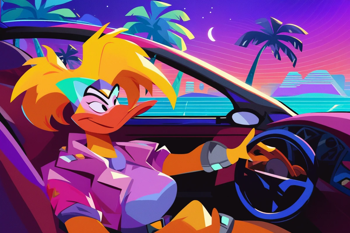 score_9, score_8_up, score_7_up, score_6_up, score_5_up, score_4_up, tanya vanderflock, waist up, driving, vaporwave, night time, side view, cityscape, palm trees, miami, 90s, <lora:tanya vanderflock:0.9>, (one hand on steering wheel:1.3), pink car, purple shirt, pink jacket, omnitool, sunset vibes, looking offscreen, lineless, busty