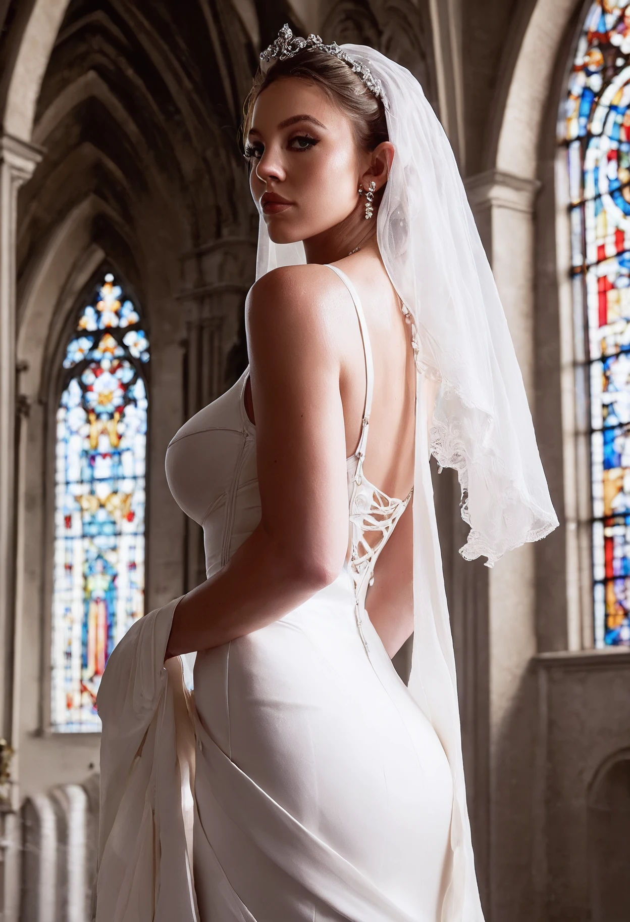 scorscore_9, score_8_up, score_7_up, score_6_up,
sw33ny,  <lora:sydneyPonyRealism:1>, in a church, in a white wedding dress, looking back, portrait,